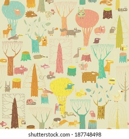 Grunge Woodland Animals seamless pattern in colors is hand drawn grunge illustration of forest animals. Illustration is in eps8 vector mode, background on separate layer. 