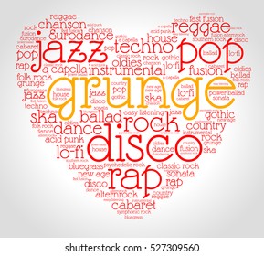 Grunge. Word cloud, heart, italic font, gradient grey background. Love of music.