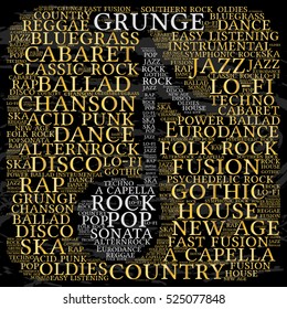 Grunge. Word cloud, musical notes, golden font, grunge background. Variety of music.