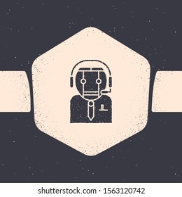 Grunge Worker robot icon isolated on grey background. Monochrome vintage drawing. Vector Illustration