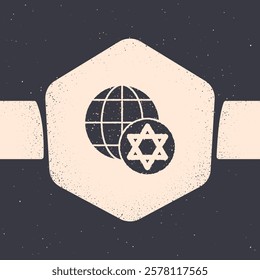 Grunge World Globe and Israel icon isolated on grey background. Monochrome vintage drawing. Vector