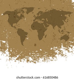 Grunge world map background. Abstract old aged geography vector background. Isolated edge to white.