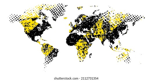 Grunge world map with cracks and scuffs, background of yellow and black stripes warning of danger, design flat style vector illustration, isolated on white