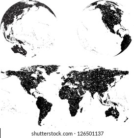 grunge world map with globes