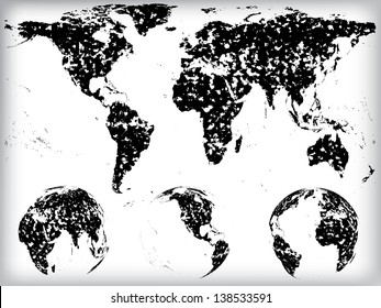 grunge world map with globes