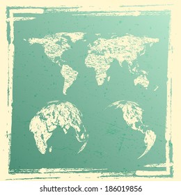 Grunge world map and globes isolated on green background with yellow frame. Vector illustration.