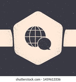 Grunge World map made from speech bubble icon isolated on grey background. Global communication scheme on Earth. Monochrome vintage drawing. Vector Illustration