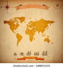 Grunge World map, old sailboats on old paper. Antique world vintage map. Vector illustration