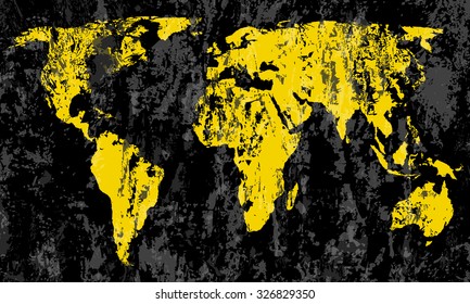 grunge world map on a black background.