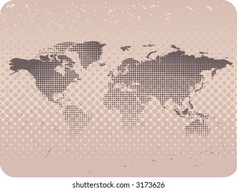 Grunge-Weltkarte auf halbem Hintergrund, Retro-Stil (Vektorillustration)