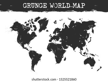Grunge world map . Realistic black ink color painting design . White isolated background . Vector .