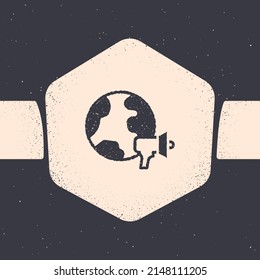 Grunge World news icon isolated on grey background. Breaking news, world news tv. Monochrome vintage drawing. Vector