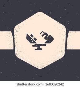 Grunge Wrecked oil tanker ship icon isolated on grey background. Oil spill accident. Crash tanker. Pollution Environment concept. Monochrome vintage drawing. Vector Illustration