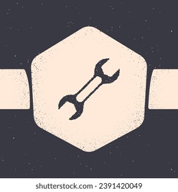 Grunge Wrench spanner icon isolated on grey background. Monochrome vintage drawing. Vector