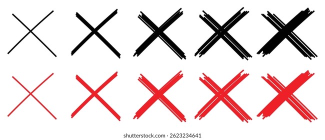 Grunge X icon, Grunge red cross sign set. Hand Drawn Red Cross, Letter X and Mark Brush Stroke, vector illustration isolated on white background. 