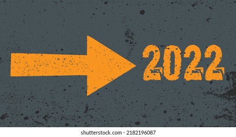 Flecha amarilla ondulada sobre textura gris que apunta al 2022 siguiente. Antecedentes 2022 Concepto de visión futura de Año Nuevo. 