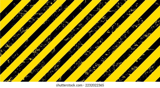 Grunge yellow and black stripes warning industrial background. Vector warn caution, construction, safety backdrop with diagonal lines and grungy texture for road or factory attenstion