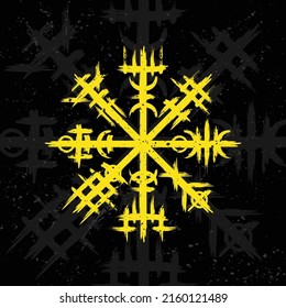 Grunge yellow brushlines in old Scandinavian and Icelandic culture symbols. Norse viking sign design element isolated on white background