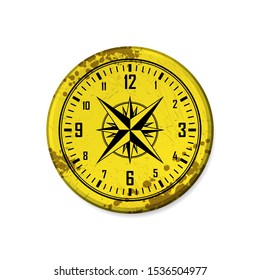 Grunge yellow circle board frame with clock isolated on white background