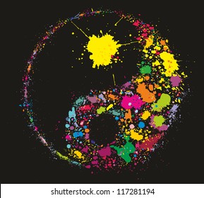 Grunge Yin Yan symbol made of colourful paint splashes on black background - vector illustration