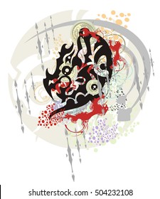 Grunge young dragon head. Stylization of the twirled textural dragon with colorful splashes 