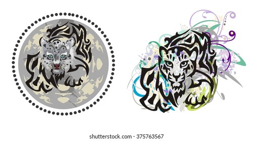 Grunge young leopard. Cub of a snow leopard in a circle and leopard splashes. Two options