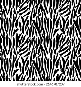 Grunge zebra skin, stripes wallpaper. Monochrome tiger skin seamless pattern. Black and white animal fur endless backdrop. Design for fabric, textile print, wrapping, cover. vector illustration.