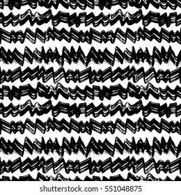 Grunge zigzag black stripes on white background. Vector seamless pattern.