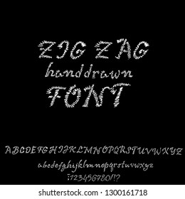 Grunge zigzag font. White hand drawn script. Vector illustration.