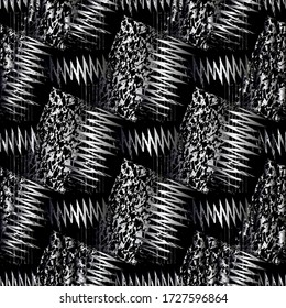 Grunge zigzag geometric seamless pattern. Vector tribal ethnic style textured 3d background. Surface abstract zig zag ornament. Geometry shapes, lines, stripes, rectangles.  Rough dirty texture.