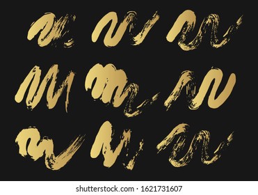 Grunge zigzag golden brush strokes. Vector paint stamp stripes set. Gold paintbrush lines. Chinese rough box shapes. Torn border. Distressed banner.