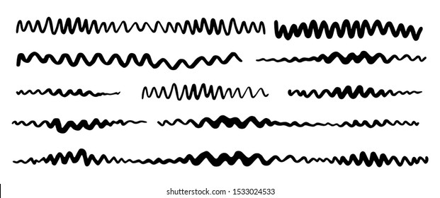Grunge zigzag wavy stripes hand painted with black ink brush stroke, isolated on white background. Vector illustration