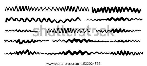 Grunge\
zigzag wavy stripes hand painted with black ink brush stroke,\
isolated on white background. Vector\
illustration