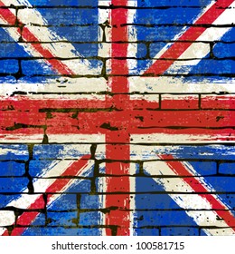 Grunged British Union Jack Flag over a brick wall  background  illustration