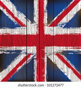 Grunged British Union Jack Flag over a wooden plank  background  illustration