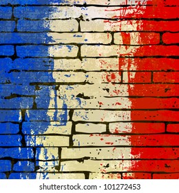 Grunged French Flag over a brick wall  background  illustration