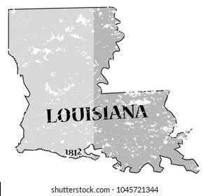 A grunged Louisiana state outline with the date of statehood isolated on a white background