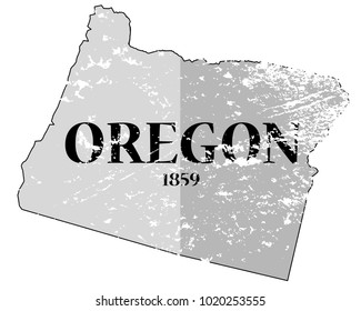 A grunged oregon state outline with the date of statehood isolated on a white background