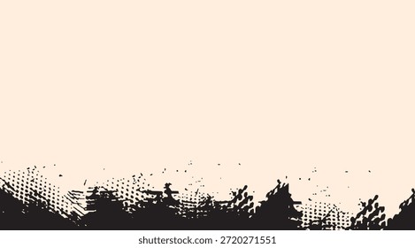 Un fondo inspirado en el grunge con una paleta de colores beige suave y negro con Formas irregulares, puntos moteados y un patrón de semitonos a lo largo de la parte inferior, ideal para crear un