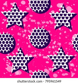 Grunge,retro,pink seamless bright cute pattern with hearts,stars for girls,boys,sport items,clothes.Vintage,urban,modern creative wallpaper. Chaotic design with star,circle, spray paint elements.