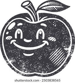 Carácter sonriente de la fruta de la manzana del estilo del grunge con la textura, mano áspera dibujada con efecto granulado de la impresión.