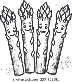 Grunge-Style Asparagus Smiling Vegetable Character with Texture, Rough Hand-Drawn with Grainy Print Effect.