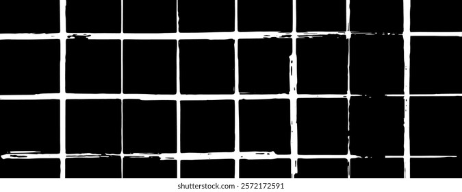 Grunge-style background with a black background featuring white grid lines. The black background adds a bold, textured contrast. Grid pattern background vector.