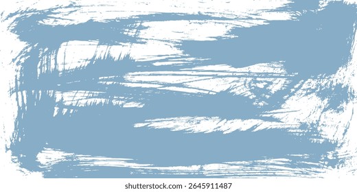 Grunge-style background with a textured blue and white pattern. The blue background features distressed, uneven white patches. Brush stroke texture background. Blue background vector.