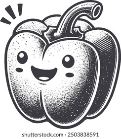 Carácter vegetal sonriente del pimiento de campana del estilo del grunge con la textura, mano áspera dibujada con efecto granulado de la impresión.
