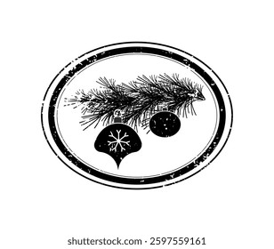 Grunge-style black and white stamp featuring a pine branch with two Christmas ornaments.