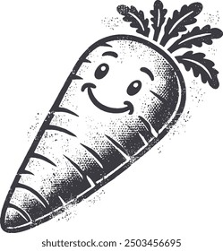 Grunge-Style Carrot Smiling Vegetable character with Texture, Rough Hand-Drawn with Grainy Print Effect, Isolated Illustration on White Background. 