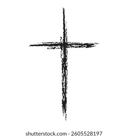 Grunge-style cross in black ink on a white background, symbolizing Christianity, faith, and religious expression.  Cross icon. Vector illustration