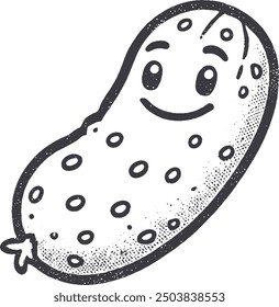 Grunge-Style Cucumber Smiling Vegetable Character with Texture, Rough Hand-Drawn with Grainy Print Effect.