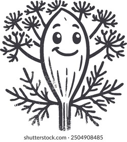 Grunge-estilo eneldo sonriente carácter vegetal con textura, mano áspera dibujada con efecto de impresión granulada.